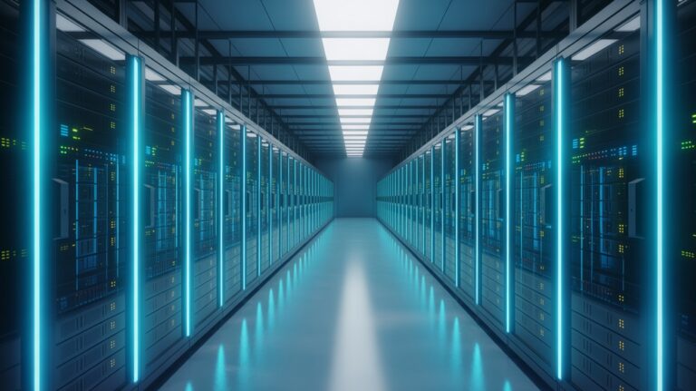 Bright modern data center with glowing server racks representing DeepSeek V4 AI infrastructure