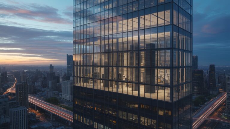 Modern corporate tower with glowing data center at dusk representing AI industry growth