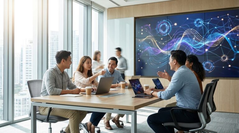 Team collaborating in bright modern office with data visualization display