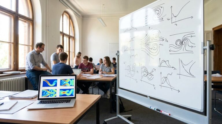 Bright research office with fluid dynamics diagrams on whiteboard